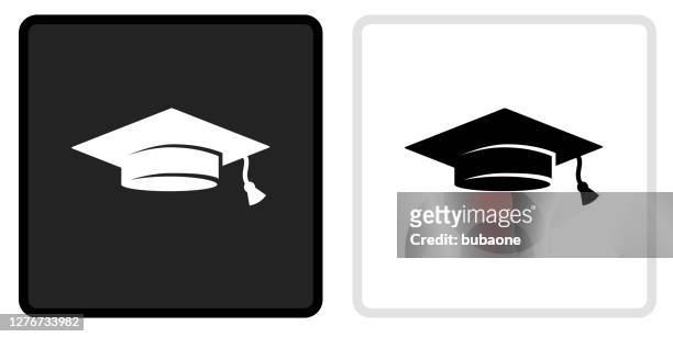 ilustraciones, imágenes clip art, dibujos animados e iconos de stock de icono del sombrero de graduación en el botón negro con el rollover blanco - birrete