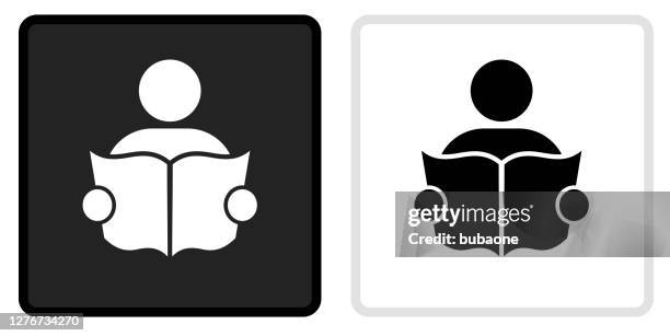 book reading icon on  black button with white rollover - reading book stock illustrations