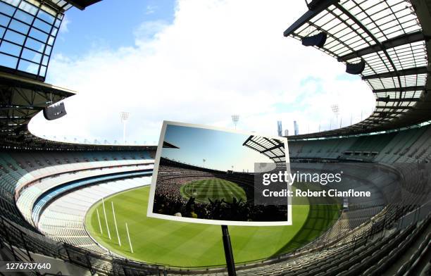 In this before-and-after composite, the print which is dated September 28 shows a general view of the match during the 2019 AFL Grand Final match...