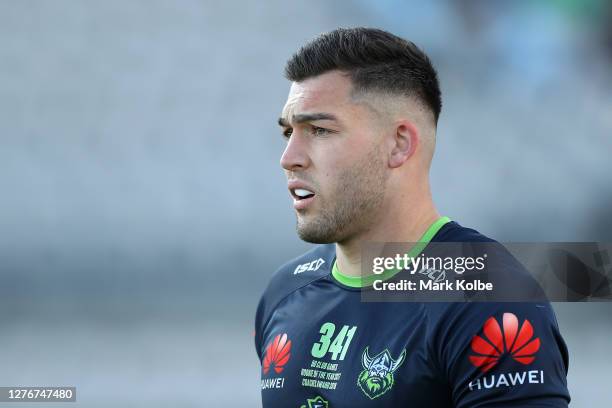 Nick Cotric of the Raiders looks on during warm up before the round 20 NRL match between the Cronulla Sharks and the Canberra Raiders at Netstrata...