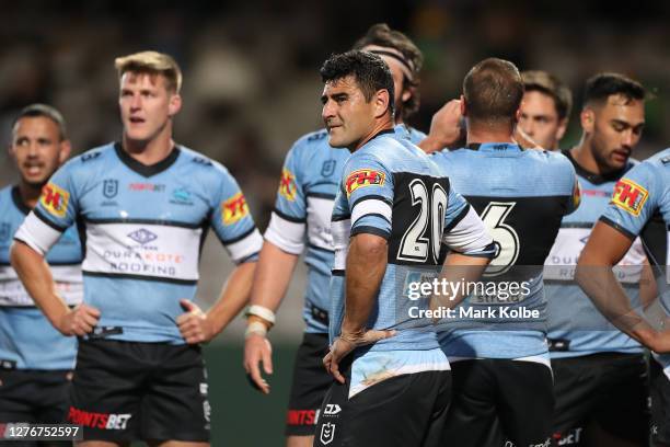 Bryson Goodwin of the Sharks looks on after a Raiders try during the round 20 NRL match between the Cronulla Sharks and the Canberra Raiders at...