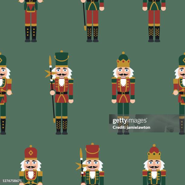 illustrazioni stock, clip art, cartoni animati e icone di tendenza di figure di schiaccianoci di natale - motivo senza cuciture con decorazioni per bambole soldato giocattolo - christmas bauble