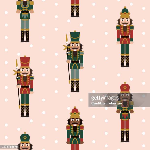 multicultural christmas nutcracker figures - seamless pattern with toy soldier doll decorations - nutcracker stock illustrations