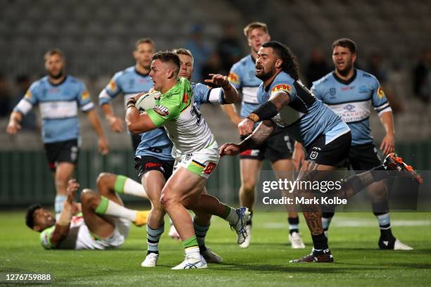 Kai O'Donnell of the Raiders scores a try during the round 20 NRL match between the Cronulla Sharks and the Canberra Raiders at Netstrata Jubilee...