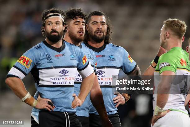 Andrew Fifita of the Sharks looks on during the round 20 NRL match between the Cronulla Sharks and the Canberra Raiders at Netstrata Jubilee Stadium...