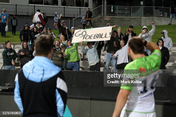 Raiders fans show their support after the round 20 NRL match between the Cronulla Sharks and the Canberra Raiders at Netstrata Jubilee Stadium on...