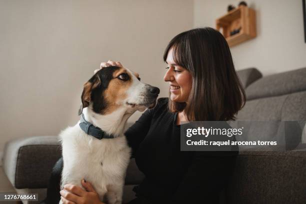 caucasian adult woman with her dog at home hugging - pet owner fotografías e imágenes de stock