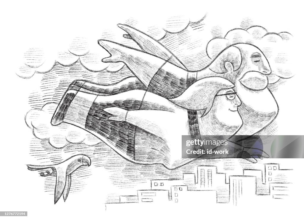 Senior couple flying with bird sketch