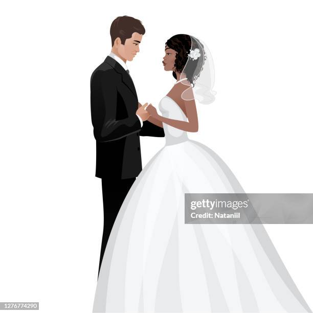 ilustraciones, imágenes clip art, dibujos animados e iconos de stock de día de la boda de pareja interracial - novios