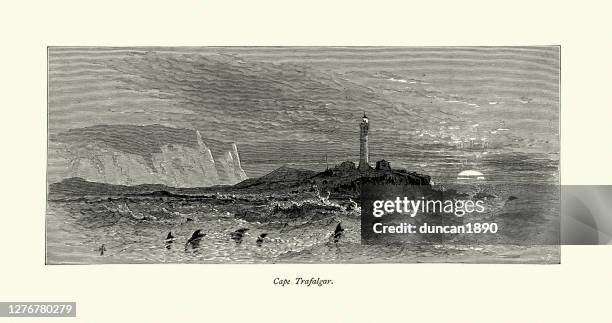 view of cape trafalgar, lighthouse, cadiz, spain, 19th century - cape trafalgar stock illustrations