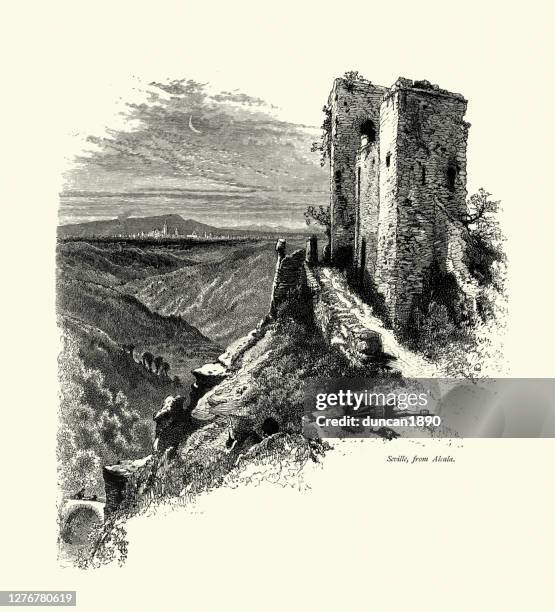 stone ruin, view of seville from alcala, spain, 19th century - alcala de henares stock illustrations