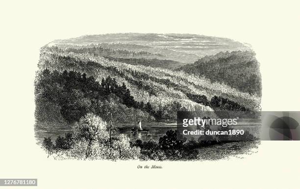 picturesque view, boat on the meuse river, france, 19th century - lorraine stock illustrations