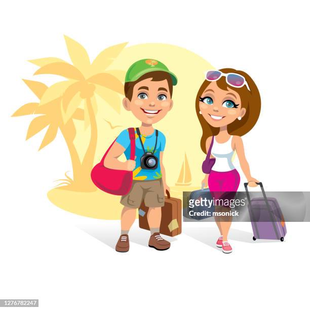 ilustraciones, imágenes clip art, dibujos animados e iconos de stock de turistas felices - suitcase couple