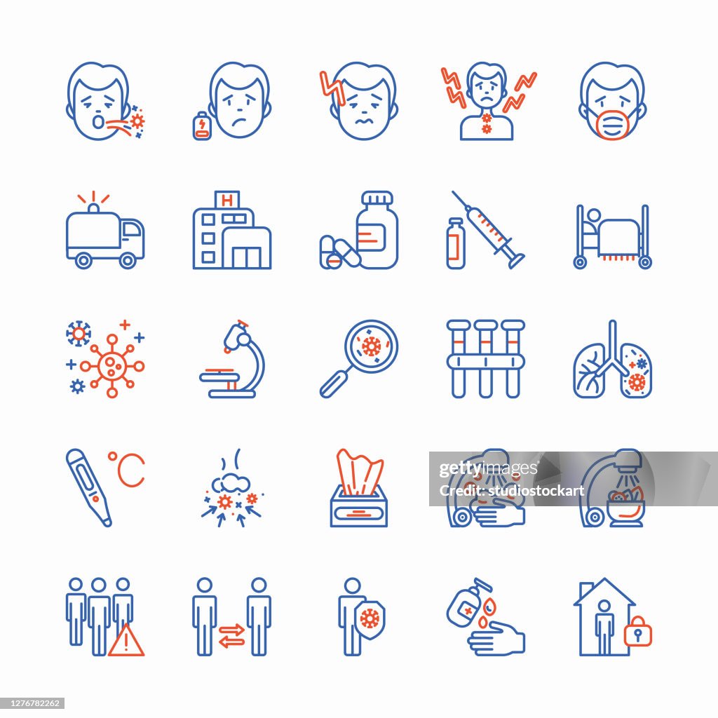 Conjunto de iconos de línea delgada coronavirus.