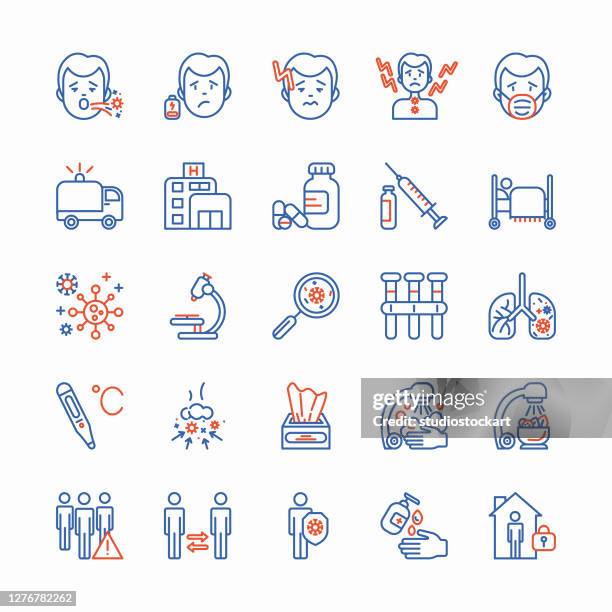 ilustrações de stock, clip art, desenhos animados e ícones de coronavirus thin line icons set. - inflamação