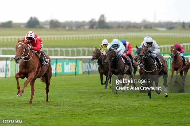 Adam Kirby riding Saffron Beach win The Blandford Bloodstock Maiden Fillies' Stakes at Newmarket Racecourse on September 26, 2020 in Newmarket,...