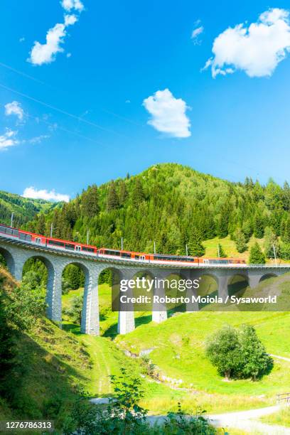 glacier express train on viaduct in summer, switzerland - switzerland train stock pictures, royalty-free photos & images