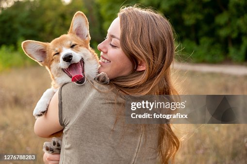 Portrait: young woman with laughing corgi puppy, nature background Portrait: young woman with laughing corgi puppy, nature background