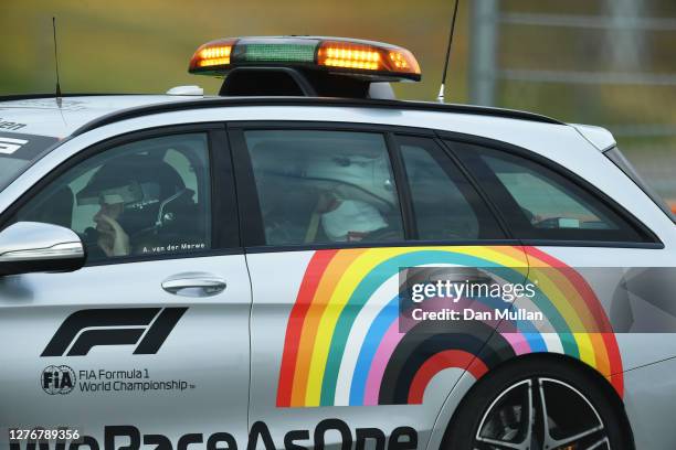 Sebastian Vettel of Germany and Ferrari rides in a medical car after crashing during qualifying ahead of the F1 Grand Prix of Russia at Sochi...