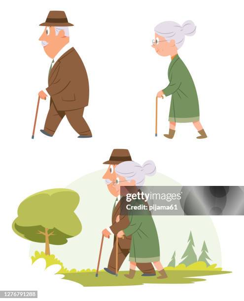 illustrazioni stock, clip art, cartoni animati e icone di tendenza di coppia di anziani che cammina - nonni bastone