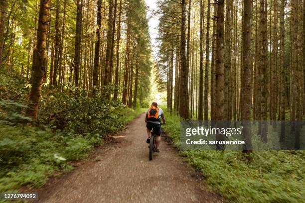 mature man cycling in the forest - bavaria bike stock pictures, royalty-free photos & images