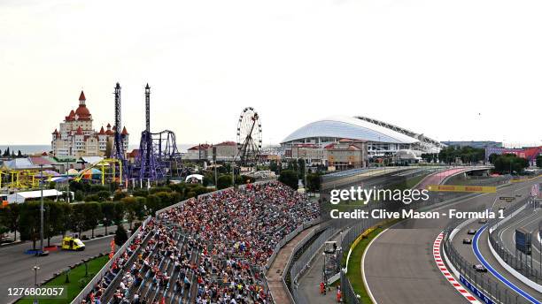 General view as the field leaves the pitlane during qualifying ahead of the F1 Grand Prix of Russia at Sochi Autodrom on September 26, 2020 in Sochi,...