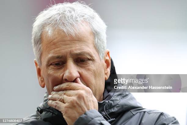 Lucien Favre, head coach of Dortmund reacts prior to the Bundesliga match between FC Augsburg and Borussia Dortmund at WWK-Arena on September 26,...