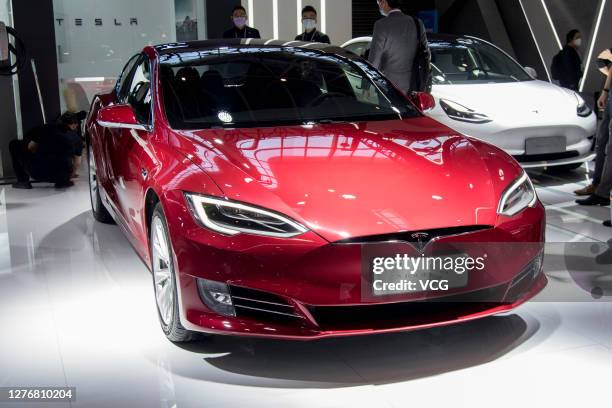 Tesla Model S electric car is on display during 2020 Beijing International Automotive Exhibition at China International Exhibition Center on...