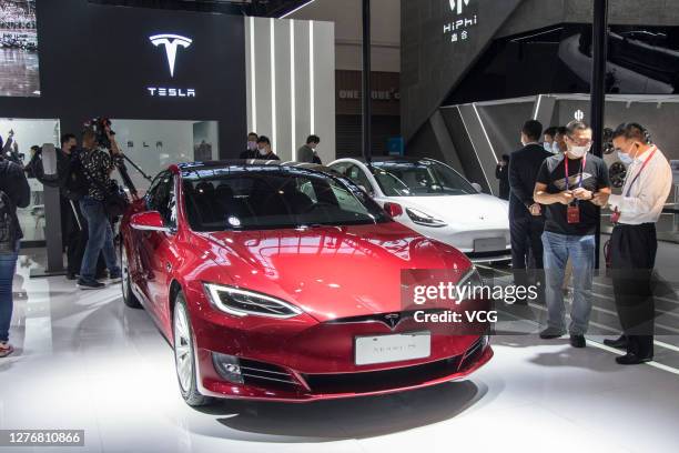 Tesla Model S electric car is on display during 2020 Beijing International Automotive Exhibition at China International Exhibition Center on...