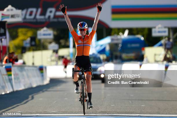 Arrival / Anna Van Der Breggen of The Netherlands / Celebration / during the 93rd UCI Road World Championships 2020, Women Elite Road Race a 143km...