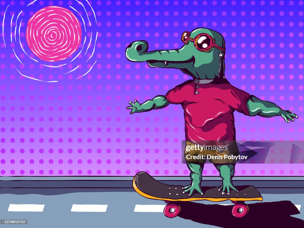 Funny cartoon vector illustration - Cool crocodile on a skateboard.
