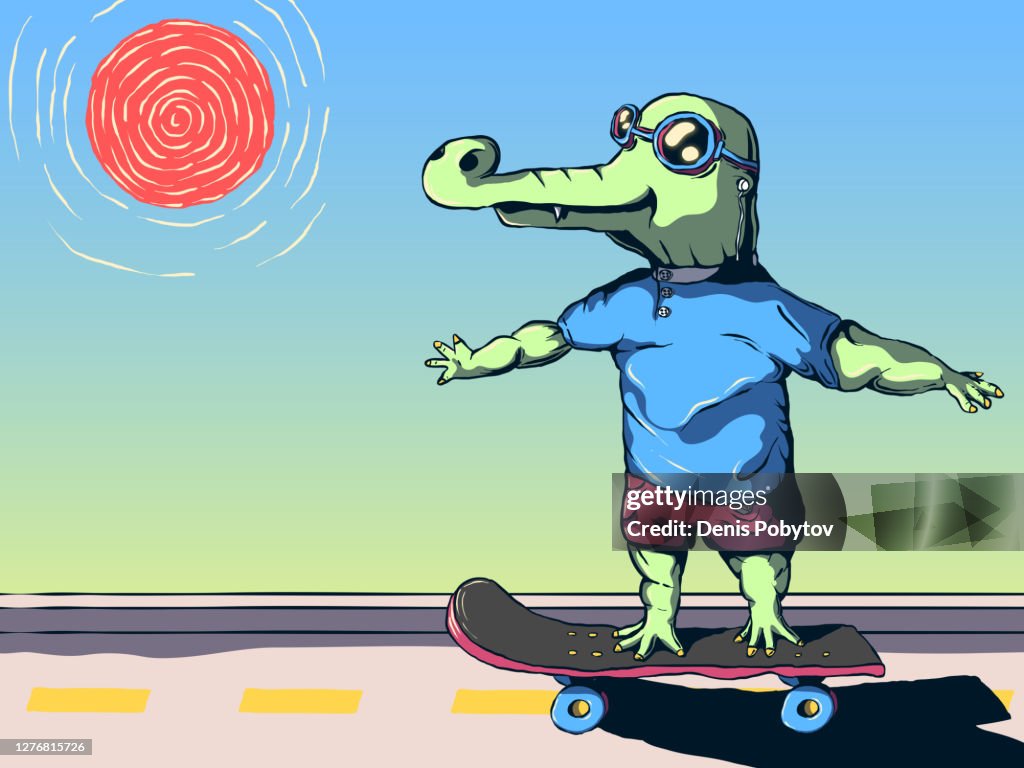 Funny cartoon vector illustration - Cool crocodile on a skateboard.