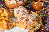 Traditional Mexican bread of the dead (pan de muerto) with coffe