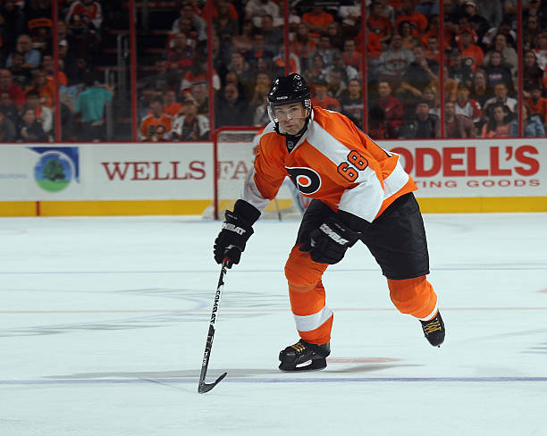 Jaromir Jagr of the Philadelphia Flyers skates against the New Jersey Devils at the Wells Fargo Center on September 29, 2011 in Philadelphia,...