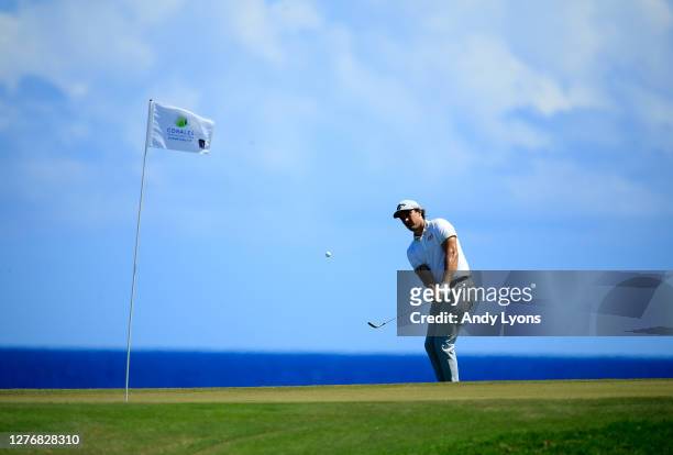 Jamie Lovemark plays his second shot on the ninth hole during the third round of the Corales Puntacana Resort & Club Championship on September 26,...