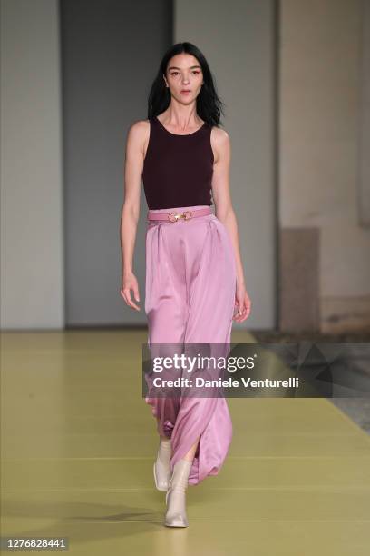 Maria Carla Boscono walks the runway at the Salvatore Ferragamo fashion show during the Milan Women's Fashion Week on September 26, 2020 in Milan,...