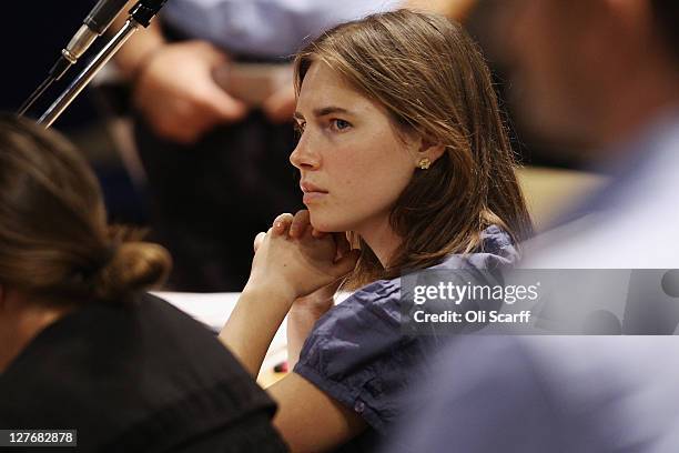 Amanda Knox attends her appeal hearing at Perugia's Court of Appeal on September 30, 2011 in Perugia, Italy. Amanda Knox and Raffaele Sollecito are...