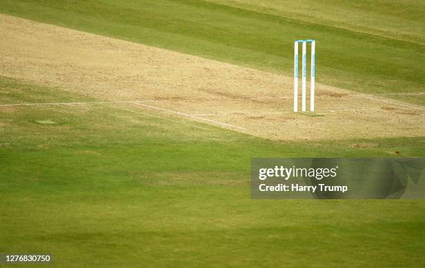 Detailed view of the Prostate Cancer branded stumps during Day Four of the Bob Willis Trophy Final match between Somerset and Essex at Lord's Cricket...