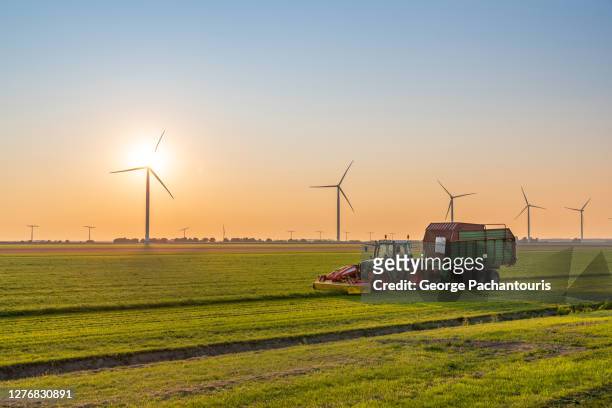 tractor with trailer harvesting on a field near wind turbines at sunset - light natural phenomenon foto e immagini stock