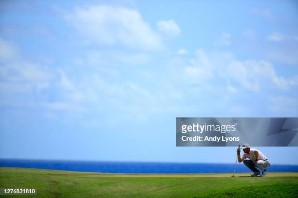 Nate Lashley lines up a putt during the third round of the Corales Puntacana Resort & Club Championship on September 26, 2020 in Punta Cana,...