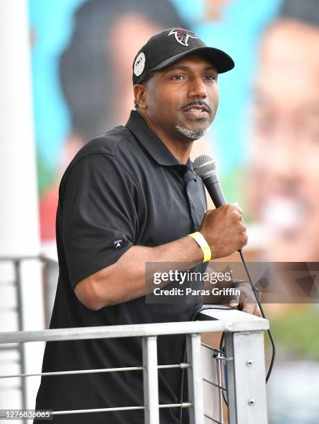 Retired NFL Player Allen Rossum speaks during Fuel The Vote x #Wondalunch Event at The Home Depot Backyard at Mercedes Benz Stadium on September 26,...