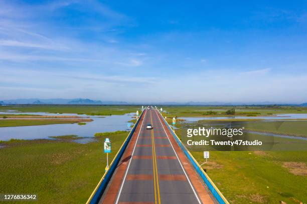 aerial view of bridge pass over wetland in phatthalung thailand - thale noi stock pictures, royalty-free photos & images