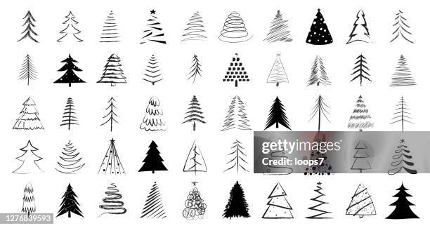 ilustraciones, imágenes clip art, dibujos animados e iconos de stock de dibujado a mano árbol de navidad vector icon set colección - christmas logo