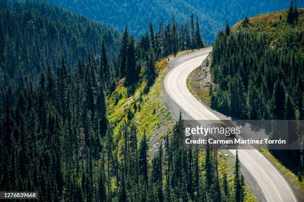 scenic view of mountains and road against sky. olympic national park, usa. - rijden een motorvoertuig besturen stockfoto's en -beelden