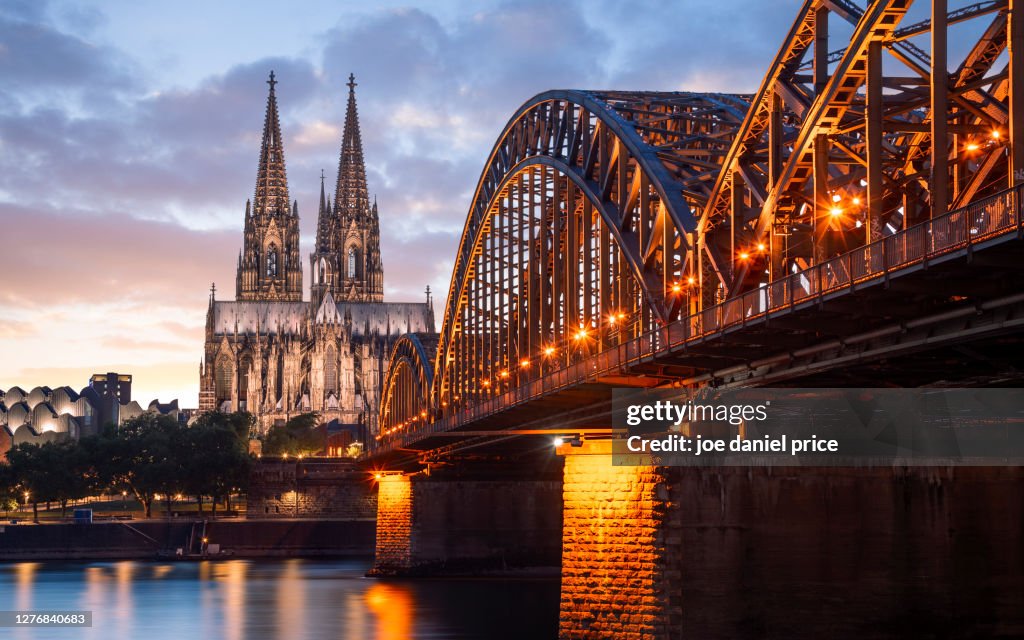 Sunset, Cologne Cathedral, Hohenzollern Bridge, Cologne, Germany