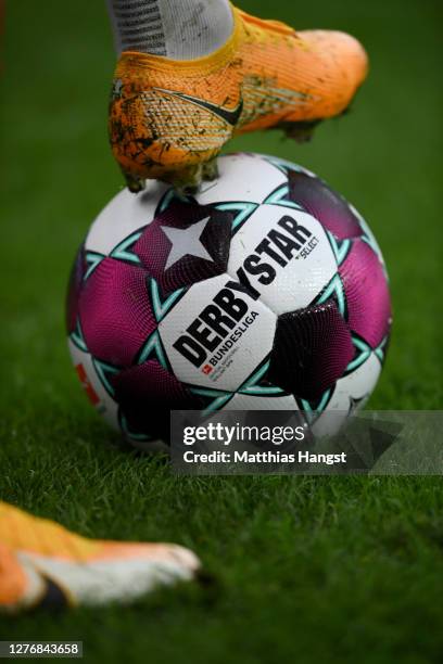 The matchball Derbystar seen during the Bundesliga match between Bayer 04 Leverkusen and RB Leipzig at BayArena on September 26, 2020 in Leverkusen,...