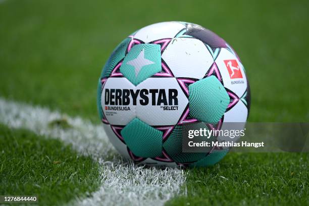 The matchball Derbystar seen during the Bundesliga match between Bayer 04 Leverkusen and RB Leipzig at BayArena on September 26, 2020 in Leverkusen,...