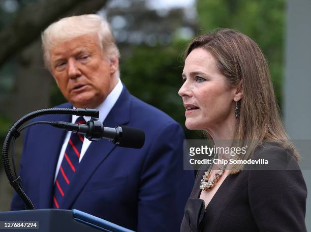 Seventh U.S. Circuit Court Judge Amy Coney Barrett speaks after U.S. President Donald Trump announced that she will be his nominee to the Supreme...