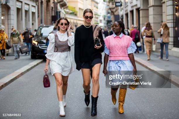 Guests seen outside Bally during the Milan Women's Fashion Week on September 26, 2020 in Milan, Italy.
