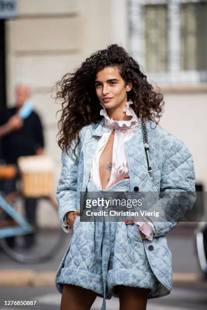 Chiara Scelsi wearing blue shorts, jacket outside Philosophy during the Milan Women's Fashion Week on September 26, 2020 in Milan, Italy.